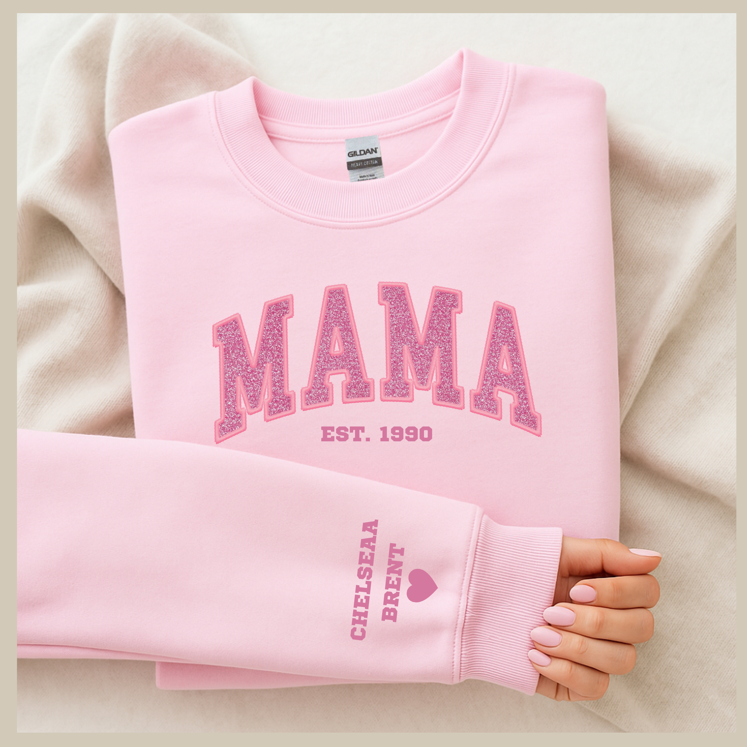 Custom Glitter Embroidered Mama Sweatshirt: Personalized Kids' Names