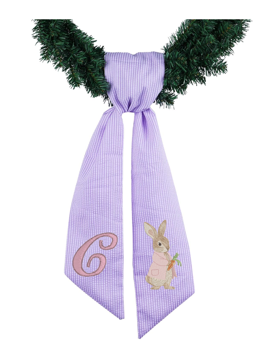 Personalized Easter Bunny Embroidered Seersucker Door Hanger Scarf Basket Bow Wreath Sash